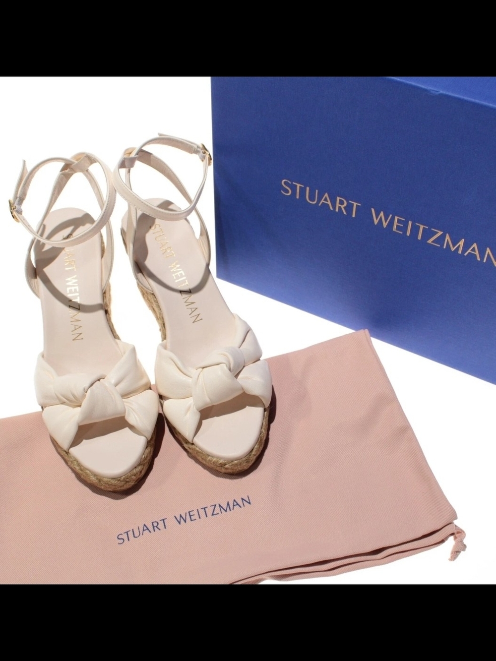 Stuart Weitzman Playa Knot Espadrille Wedge Sandals Seashell/Natural Leather, 7